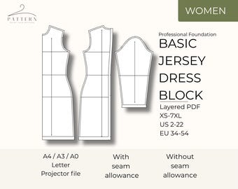Jersey Dress Pattern Pdf Download Basic Block Pattern Beginner Sewing Tutorial Instant Digital Large Size Womens Shift Tshirt Design Stretch
