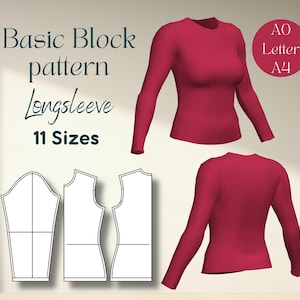 Könnte beinhalten: Ein digitales Schnittmuster für ein Langarmhemd. Das Schnittmuster umfasst 11 Größen und ist in den Formaten A0, Letter und A4 erhältlich. Das Bild zeigt eine Vorder- und Rückseite des Hemdenmusters sowie eine 3D-Darstellung des fertigen Hemdes.