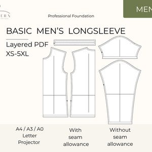 Patrón de costura fácil para camisa de hombre. Diseño básico de camiseta de manga larga. Descarga instantánea. Disponible en capas. Tallas XS–5XL. Archivo imprimible. Diseño para tela elástica.