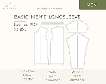 Easy Men’s Shirt Sewing Pattern Basic Longsleeve Tee Design Instant Download Layered Sizes XS–5XL Printable File Stretch Fabric Design