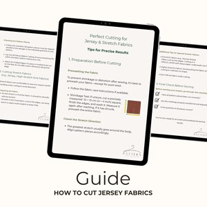 May include: Three digital tablets displaying sewing instructions for jersey and stretch fabrics. The screens show text about cutting techniques, including prewashing, shrinkage tests, and stretch direction. The bottom of the image reads "Guide: How to Cut Jersey Fabrics."