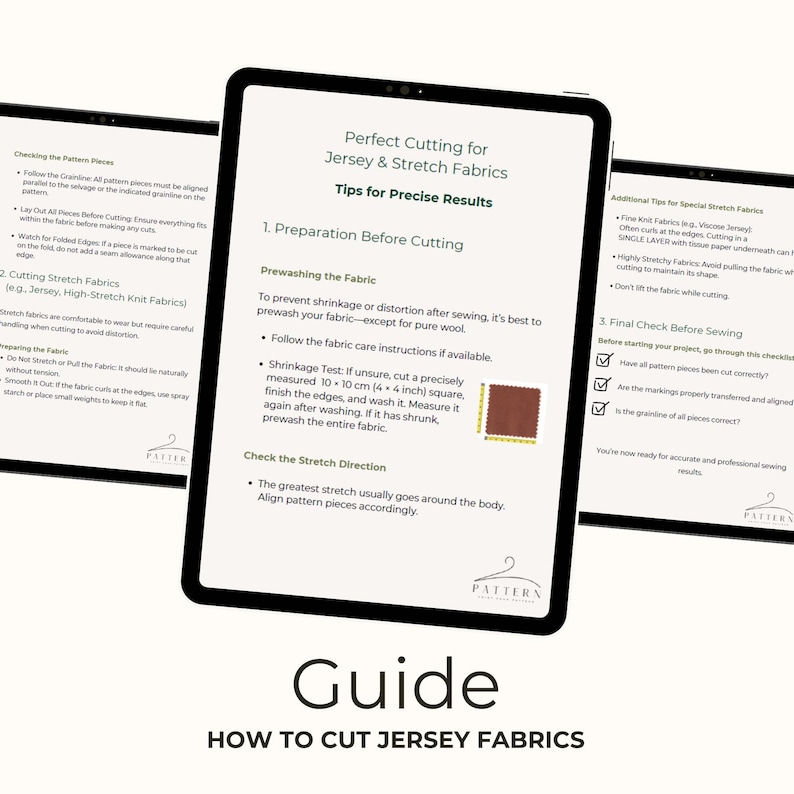 May include: Three digital tablets displaying sewing instructions for jersey and stretch fabrics. The screens show text about cutting techniques, including prewashing, shrinkage tests, and stretch direction. The bottom of the image reads "Guide: How to Cut Jersey Fabrics."
