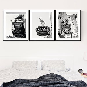 black and white Nashville prints Nashville bar photos wall art set of 3 prints Nashville signs gallery gift for musician country artwork