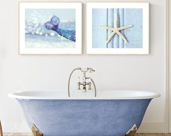 mermaid decor bathroom little girl room decor wall art set under the sea memaid tail starfish print set tween girl decor mermaid nursery art