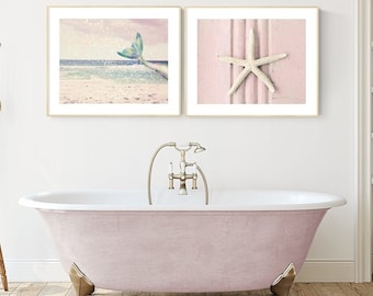 pastel mermaid bathroom decor little girl room decor pastel pink starfish mermaid nursery wall art tween girl bedroom art girl bathroom art