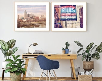 Nashville home decor art set of 2 prints travel prints cityscape wall art country music wall decor Nash TN music city airbnb apartment art