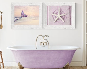 purple mermaid decor under the sea theme nursery girl bathroom wall art mermaid tail starfish print beachy girly wall decor tween girl art