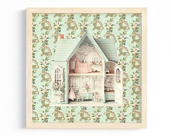 doll house print girl playroom wall art vintage nursery artwork girly bedroom art baby shower gift nursery decor pink green floral whimsical