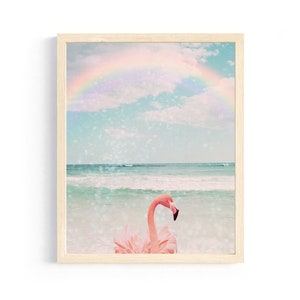 flamingo art tropical bird tween girl bedroom art rainbow sky coastal wall art beach cottage decor tropical nursery little girl bedroom art