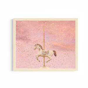 pink horse carousel merry go round whimsical wall art little girl room above the crib nursery wall decor girl playroom over the bed artwork