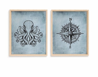 nautical nursery art boys room decor vintage compass octopus artwork kids bedroom coastal bathroom wall art set of 2 prints childs room