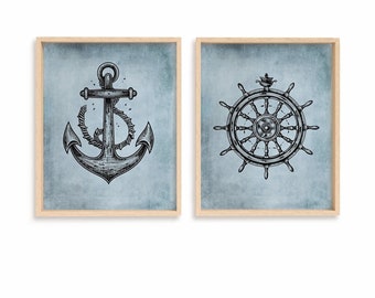 nautical prints boys room decor ship wheel artwork boat anchor art  kids bathroom wall art sea life decor nautical blue kids coastal decor