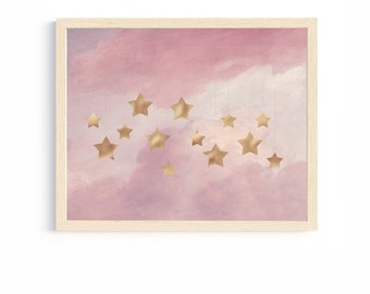 starry sky pink sky clouds print baby girl nursery artwork little girl room tween girl bedroom stars print nursery wall art celestial decor