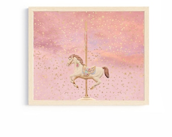 pink horse carousel merry go round whimsical wall art little girl room above the crib nursery wall decor girl playroom over the bed artwork