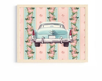 vintage nursery car print playroom wall art tween girl room decor baby blue classic automobile decor girl pastel artwork retro car artwork