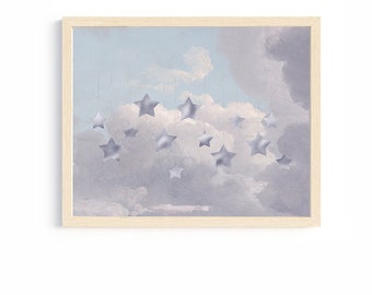 stars art lavender girl nursery decor little girl room soft pastels blue sky clouds child playroom decor celestial nursery wall art artwork