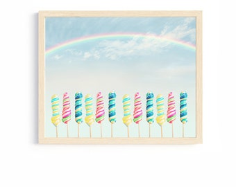 Candy art print girls room blue sky colorful fun playroom wall art lollipops artwork for bedroom whimsical rainbow baby nursery art