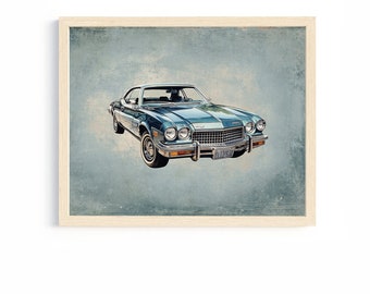 car print boys room decor blue retro car vintage car wall art automobile transportation decor kids bedroom wall decor printed and shipped