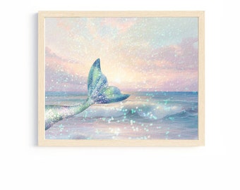 mermaid decor girls room art gift for girl wall art print mermaid bathroom under the sea nursery wall decor baby shower gift pastel artwork