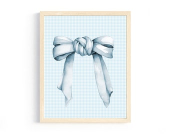 blue bow print artwork little girl room decor girly wall art vintage wall decor nursery blue white gingham baby shower gift for baby girl