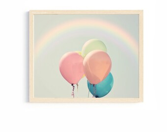 pastel colors art for little girl's room balloons floating rainbow sky tween girl bedroom toddler girly girl playroom wall art baby nursery