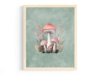 woodland mushroom print girls room decor nursery print pink green artwork tween girl bedroom art shroom art playroom wall art above the bed