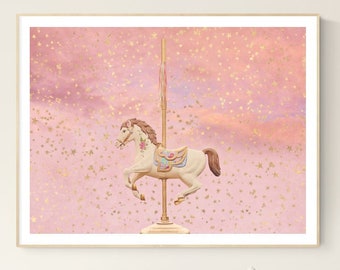 pink horse carousel merry go round whimsical wall art little girl room above the crib nursery wall decor girl playroom over the bed artwork