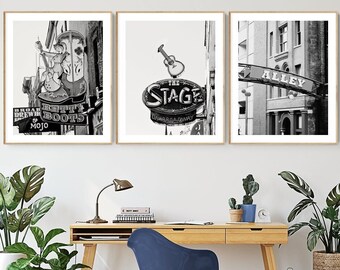 black and white set of 3 prints Nashville signs cowboy western rockabilly artwork country music wall decor travel prints Nash TN airbnb art