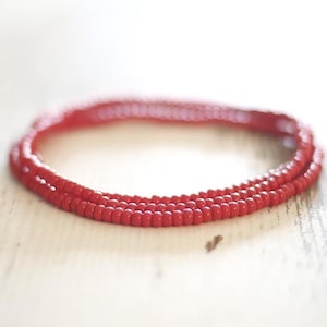 Ruby Red Czech Glass Seed Bead Bracelet, Dainty Stretch Bracelet, Gift for Teen Girl or Woman