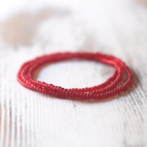 Ruby Red Seed Bead Bracelet, Czech Glass Stretch Bracelet, Dainty Minimalist Jewelry