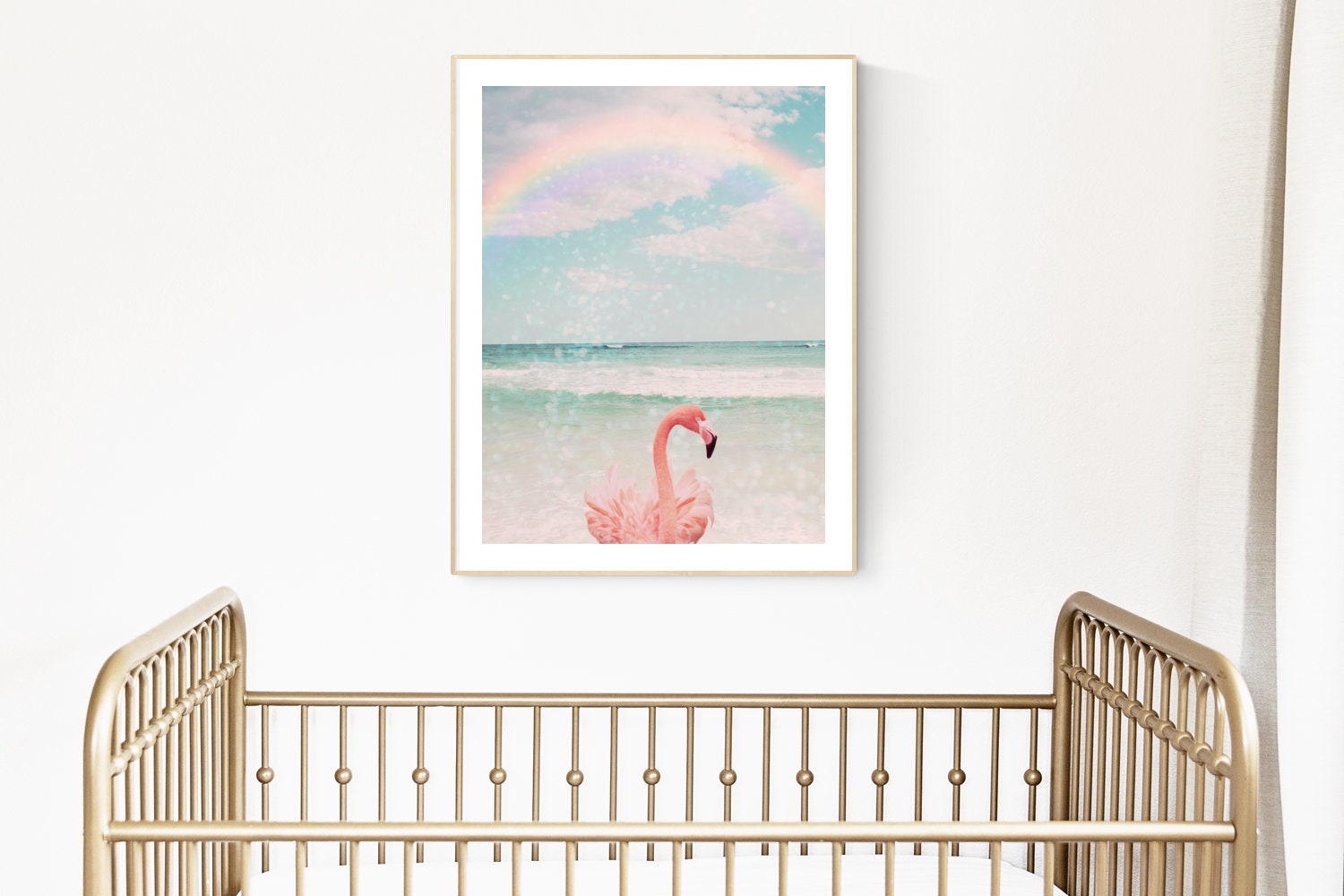 Discover flamingo art tropical bird tween girl bedroom art rainbow sky coastal wall art