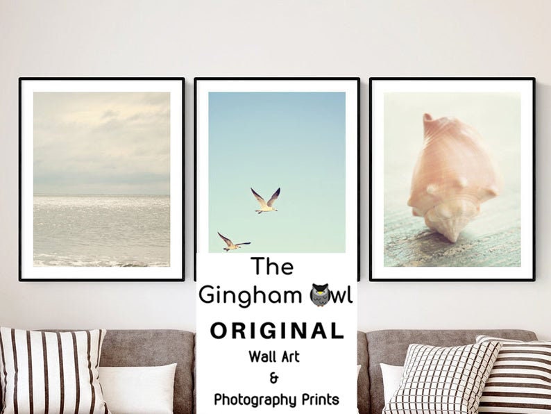 Beach Prints Coastal Wall Art Ocean Decor Nautical Print Set Of 3 Photography Pale Blue Seagulls Shell