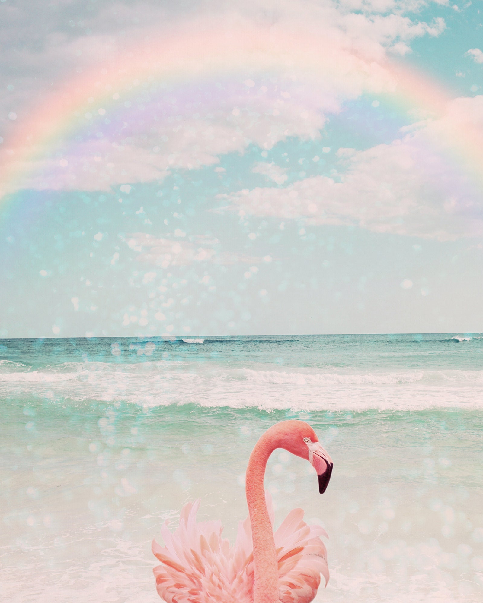 Discover flamingo art tropical bird tween girl bedroom art rainbow sky coastal wall art