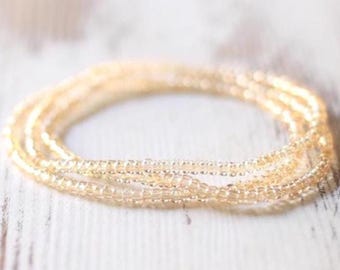 Champagne Czech Glass Seed Bead Bracelet, Minimalist Stretch Stacking Beaded Bracelet Sets for Women