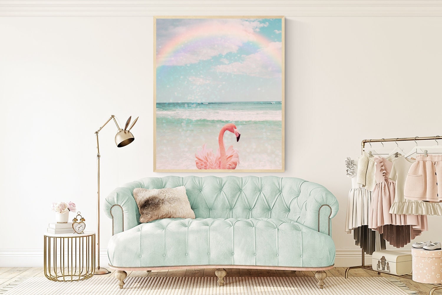 Discover flamingo art tropical bird tween girl bedroom art rainbow sky coastal wall art