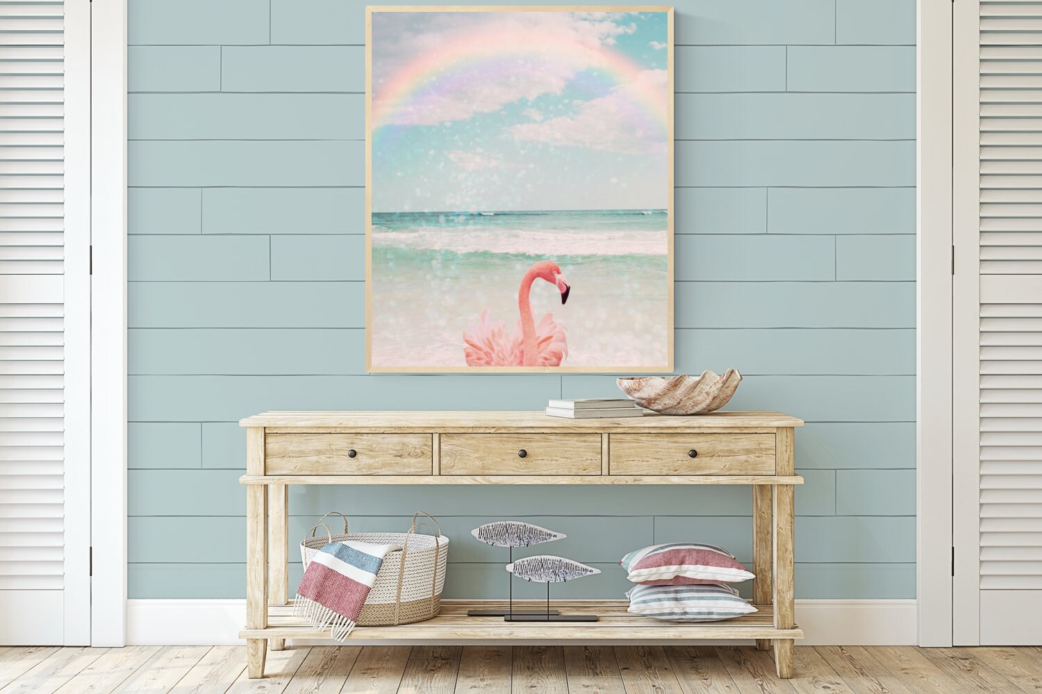 Discover flamingo art tropical bird tween girl bedroom art rainbow sky coastal wall art