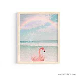 Flamingo Art Print: Rainbow Sky Tropical Coastal Decor