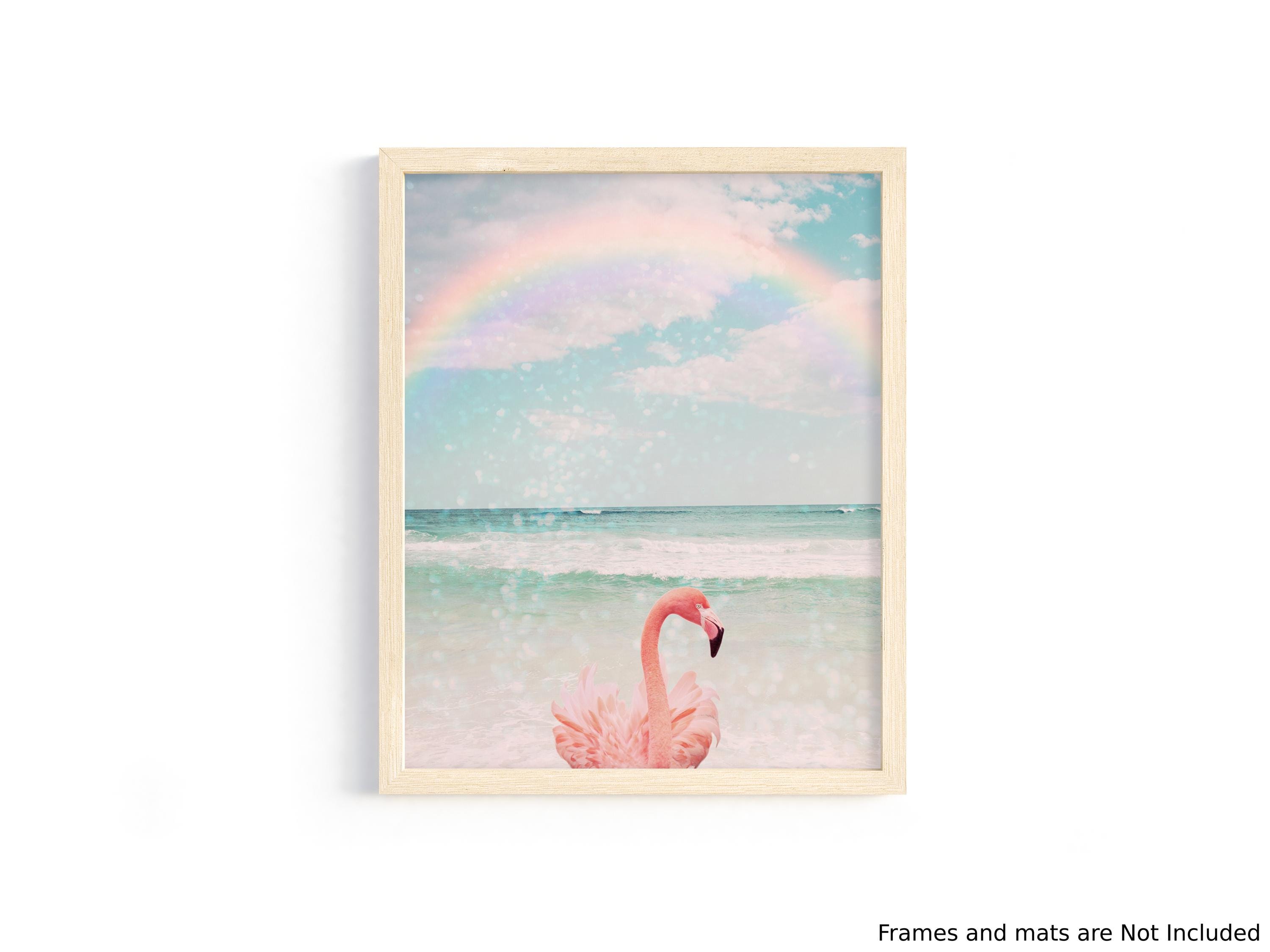 Flamingo Art Print: Rainbow Sky Tropical Coastal Decor