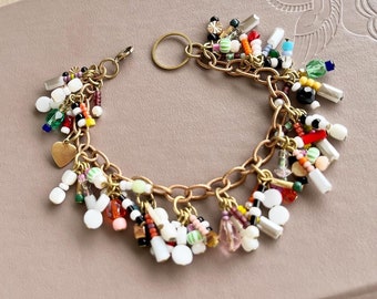 Heirloom multi-colored dangly beads charm bracelet