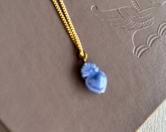 Ceramic blue heart pendant with raw brass chain necklace