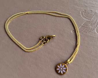 Retro lavender flower pendant with raw brass chain necklace