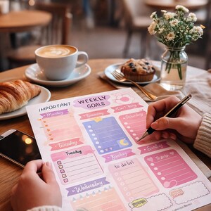 May include: A weekly goals planner with pastel colors, featuring sections for each day of the week. The planner includes the text "IMPORTANT WEEKLY GOALS" and is being written on with a pen. A cup of coffee, croissant, and muffin are also on the table.