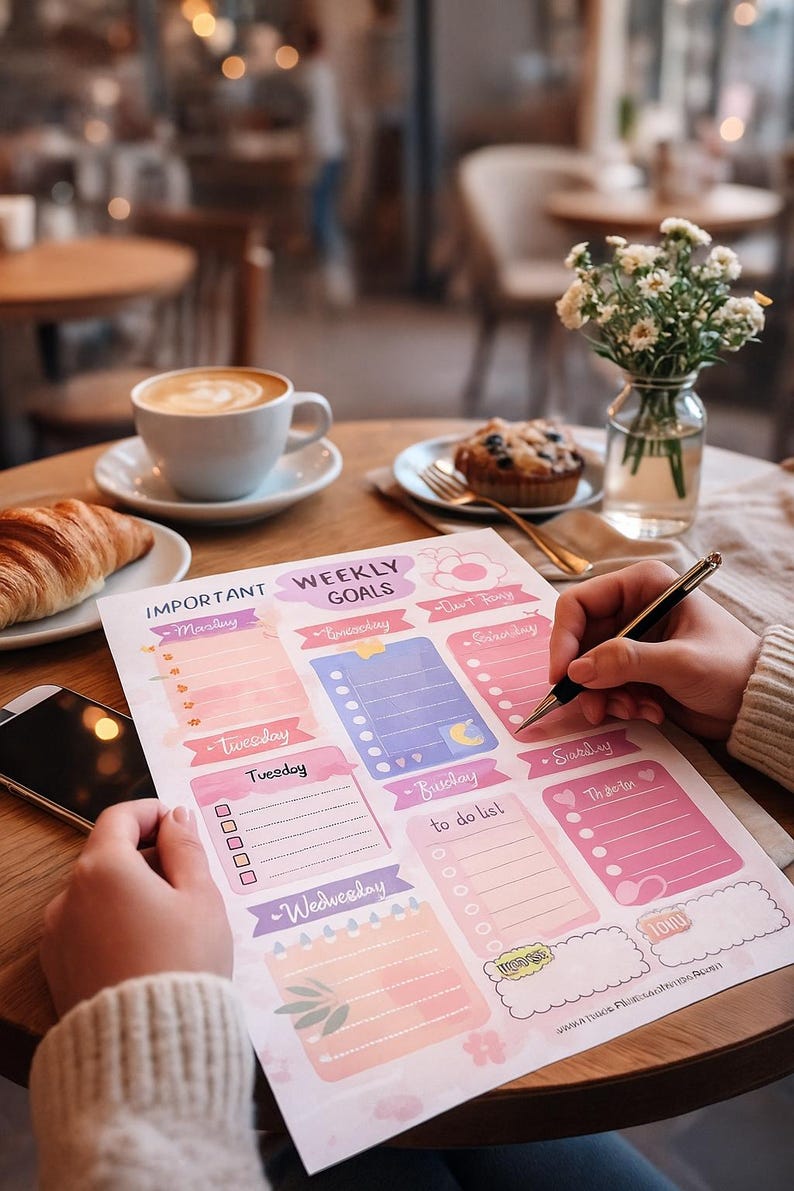 May include: A weekly goals planner with pastel colors, featuring sections for each day of the week. The planner includes the text "IMPORTANT WEEKLY GOALS" and is being written on with a pen. A cup of coffee, croissant, and muffin are also on the table.