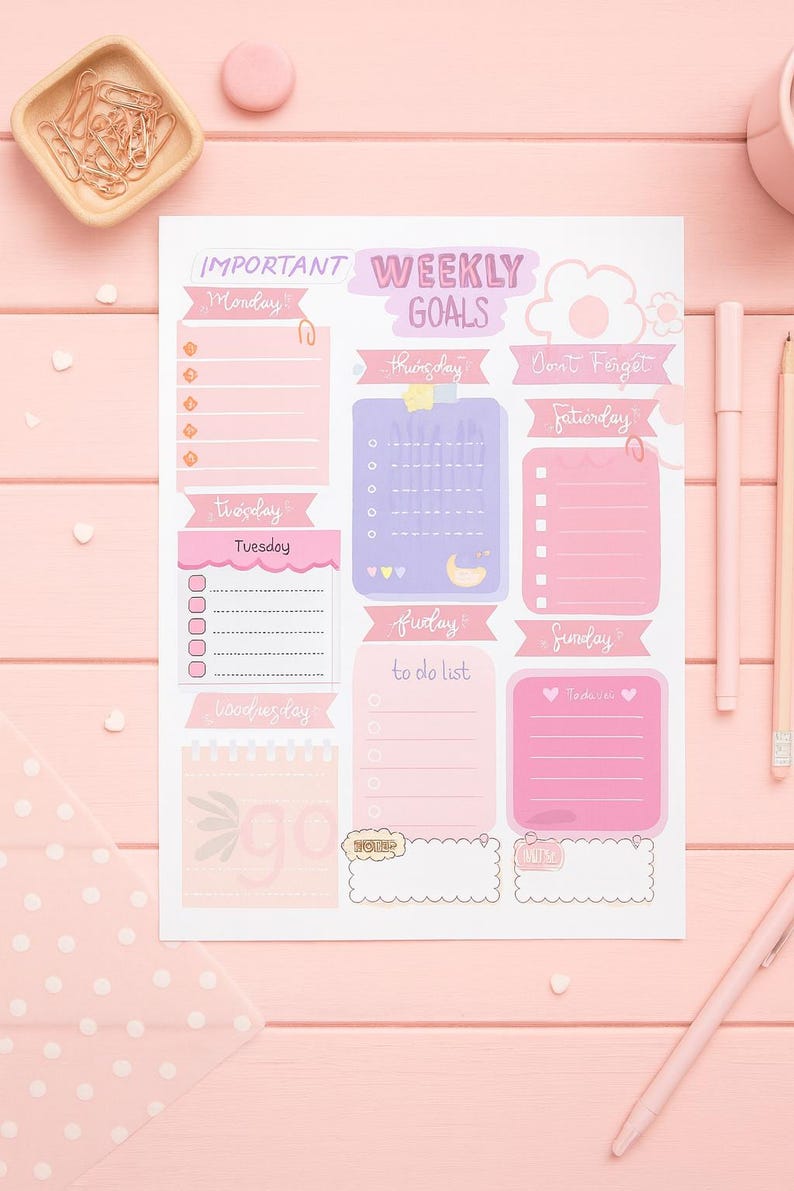 May include: A pink and purple weekly planner with sections for each day, including "Monday" through "Sunday", and a "to do list" section. The planner has decorative elements like hearts and a cloud, with pens and paperclips nearby.