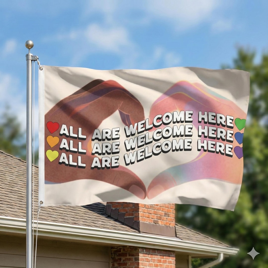 All Are Welcome Here Double Sided Flag | Rainbow Heart Hands | Standard ...