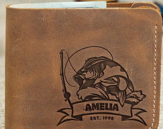 Personalized Leather Wallet, Fishing Gift for Dad, Custom Engraved