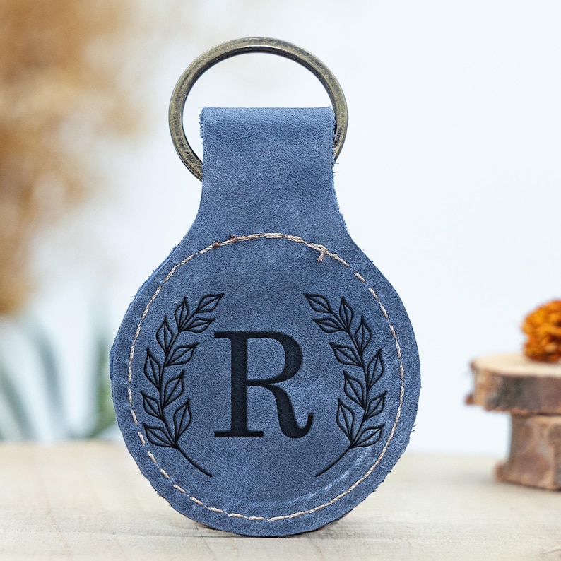 Monogram Leather Circle Keychain: Personalized Key Fob - Etsy