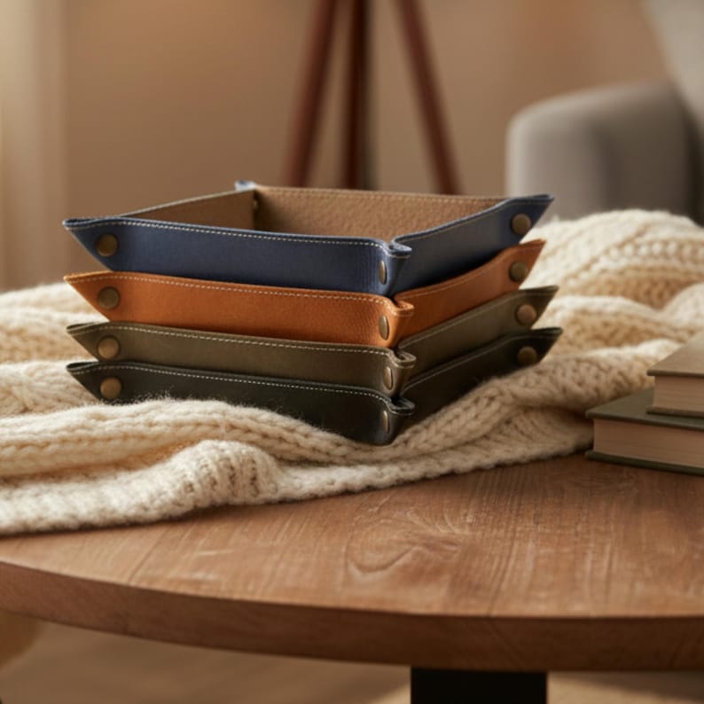 A stack of leather trays in various colors, including blue, orange, and brown, is placed on a wooden table.
