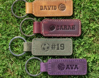 Custom Sports Leather Keychain: Football, Soccer, Baseball, Volleyball, Personalized Keyring