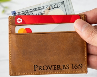 Personalized Leather Wallet: Minimalist Pop-Up Card Holder, Bible Verse Gift